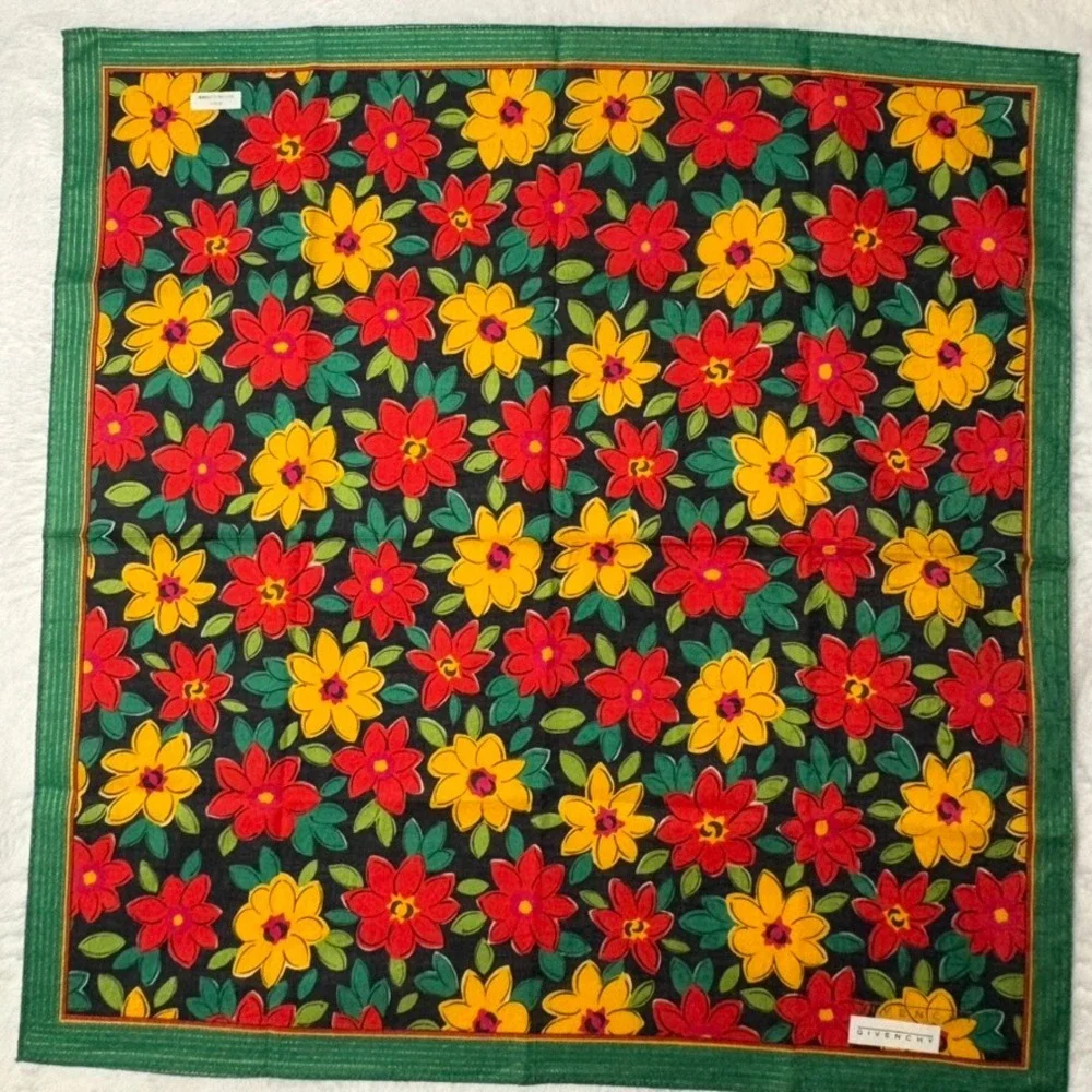 Vtg GIVENCHY Scarf Handkerchief Floral Black Green Red Yellow 18.5